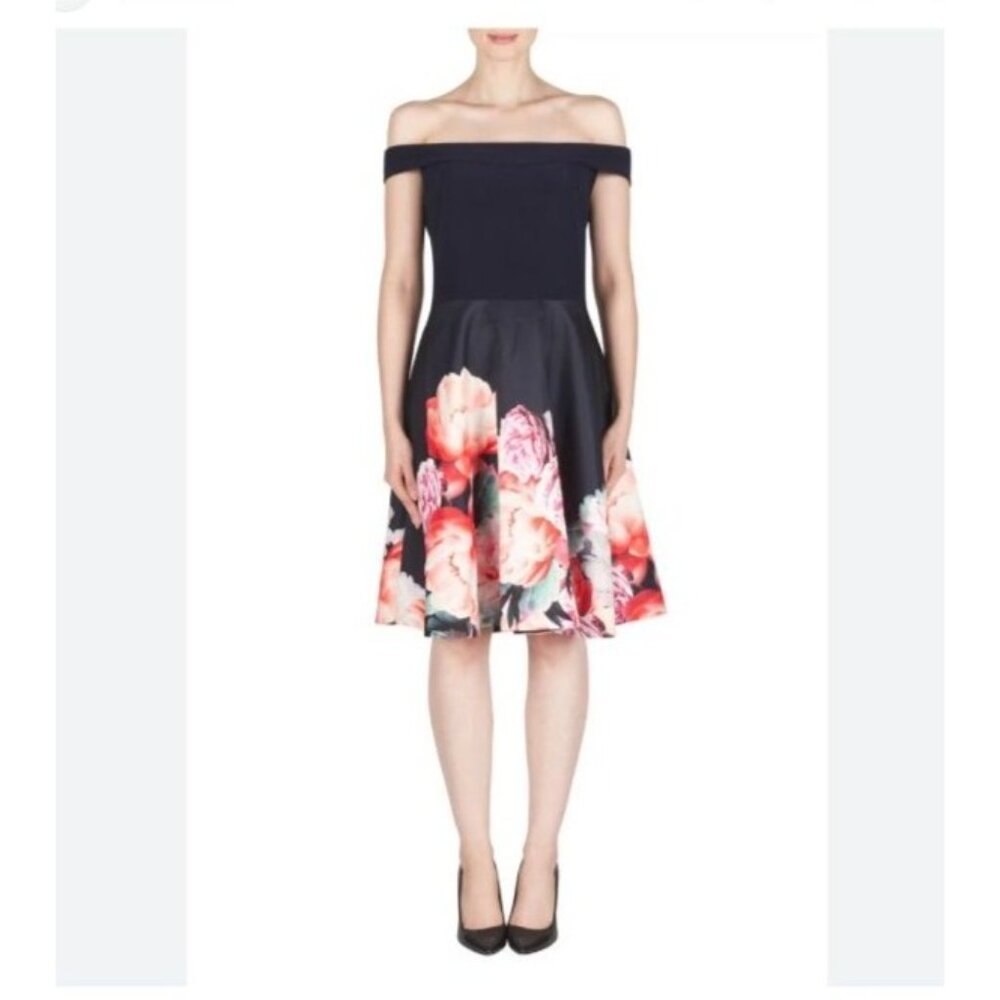 Joseph Ribkoff  Romcom Romantic Off the Shoulder Pink Floral Cocktail Dress size